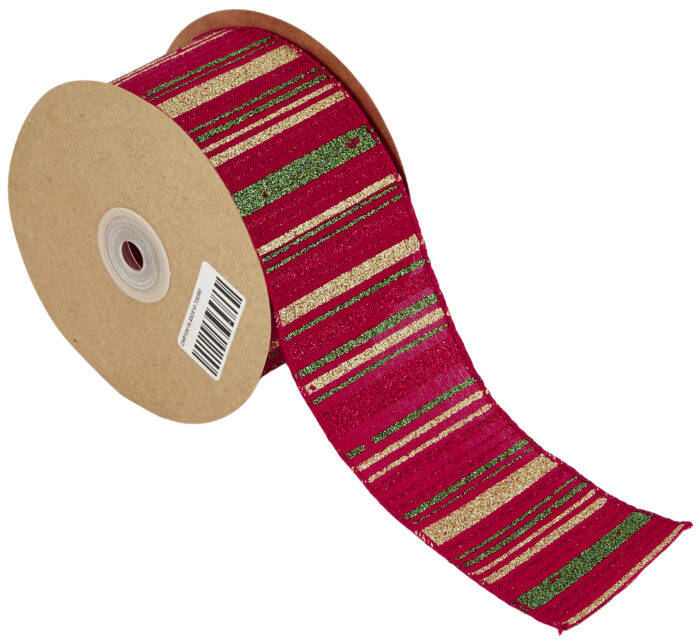 RIBBON WITH STRAIGHT STRIPES WIRED 63MMX10MET RED-GREEN D-GOLD MET - Image 1