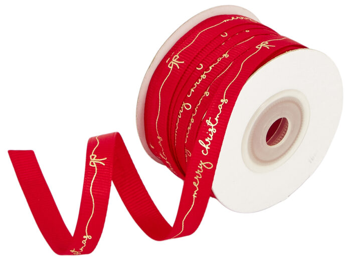 GROS RIBBON MERRY CHRISTMAS  10MMX20MET RED-GOLD MET - Image 1