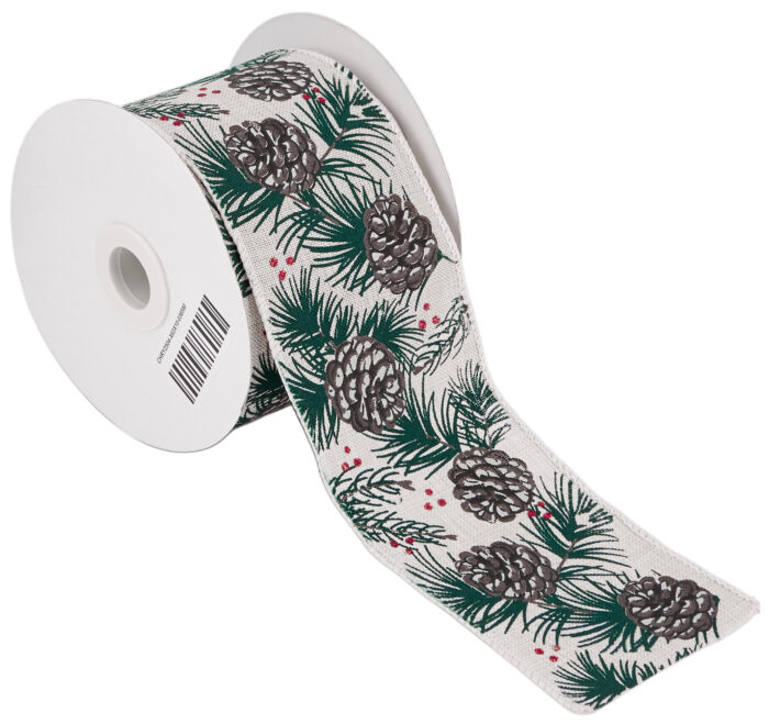 RIBBON PINE CONE DESIGN WITH WIRE 63MMX10MET BEIGE-GREEN D-BROWN - Image 1