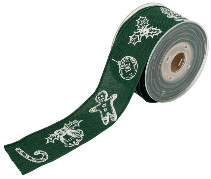 RIBBON JUTE CANVAS WITH WIRE CHRISTMAS ORNAMENTS 50MMX10MET GREEN D - Image 1