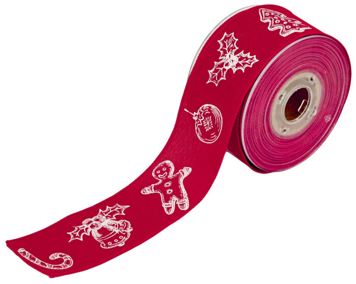 RIBBON JUTE CANVAS WITH WIRE CHRISTMAS ORNAMENTS 50MMX10MET RED - Image 1