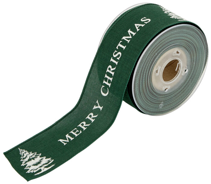 RIBBON JUTE CANVAS WITH WIRE MERRY CHRISTMAS  50MMX10MET GREEN D - Image 1